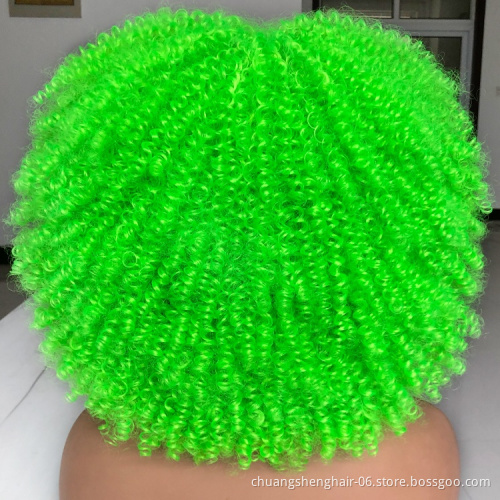 Novelty African 14 inches toupee with bangs short afro kinky curly hair fluorescent green synthetic wigs for black women